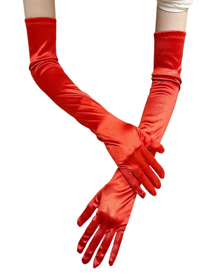 فانسي دريسويل قفازات ساتان طويلة من FancyDressWale للنساء، أنيقة لحفلات الأوبرا، بطول يصل إلى الكوع للرقص والأزياء التنكرية (أحمر، قياسي) - Image 1